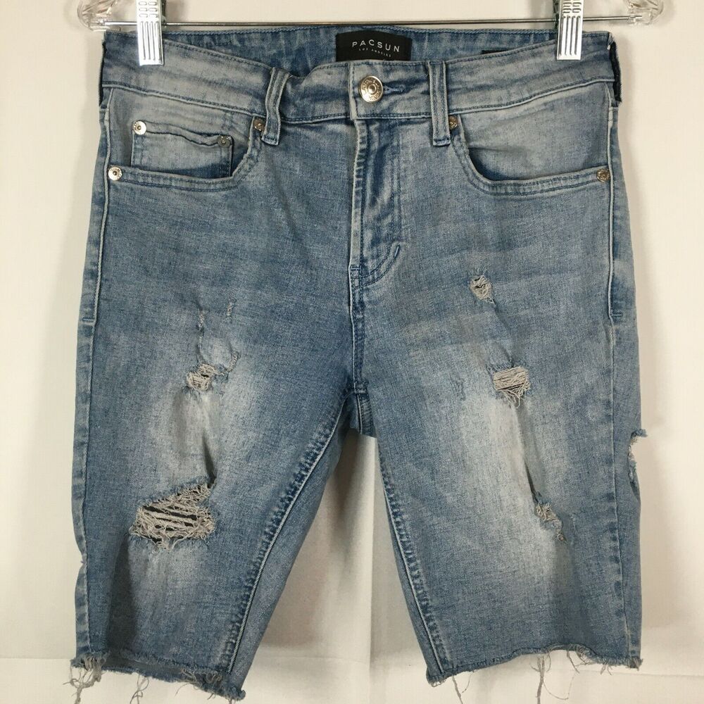 Pacsun Shorts Mens Sz 31W Light Wash Distressed Stretch Skinniest Cut Off Denim